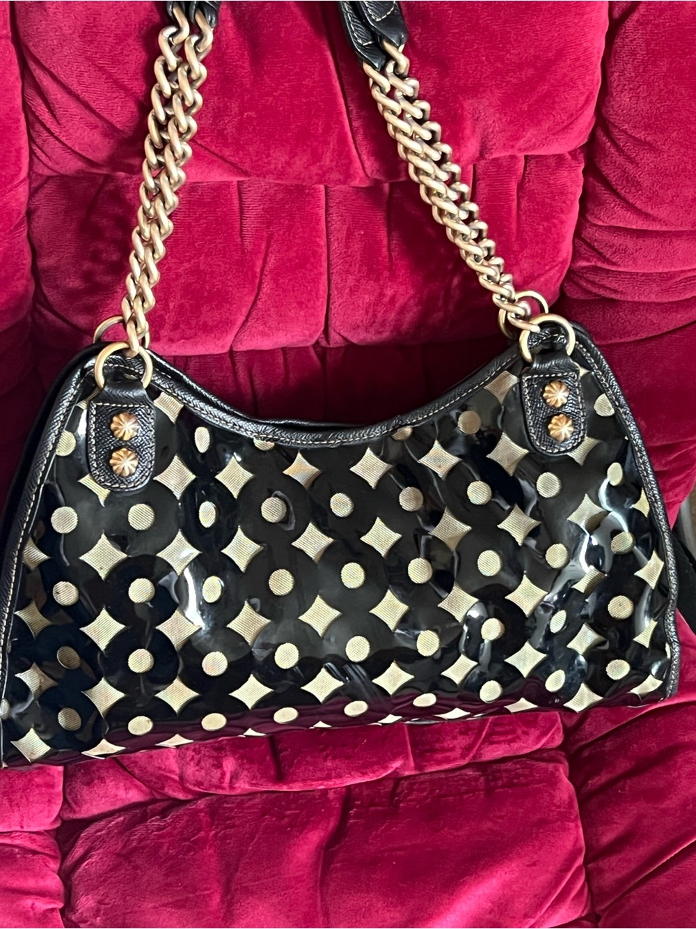 Eric Javits Black Patent Shoulder Bag Gold Geometric Polka Dot Chain Strap